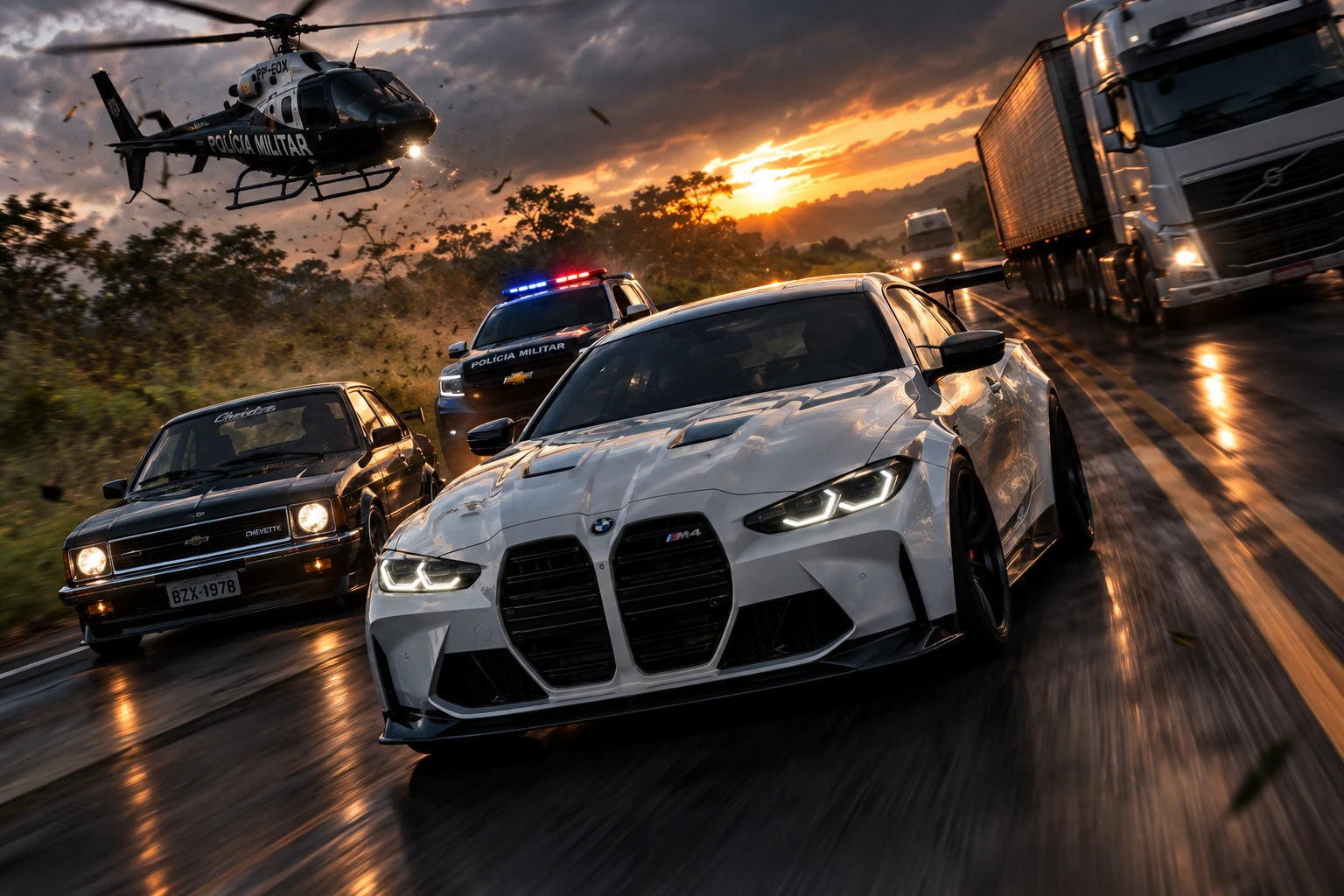 BMW M4 e Chevette em perseguição na rodovia, com viatura e helicóptero