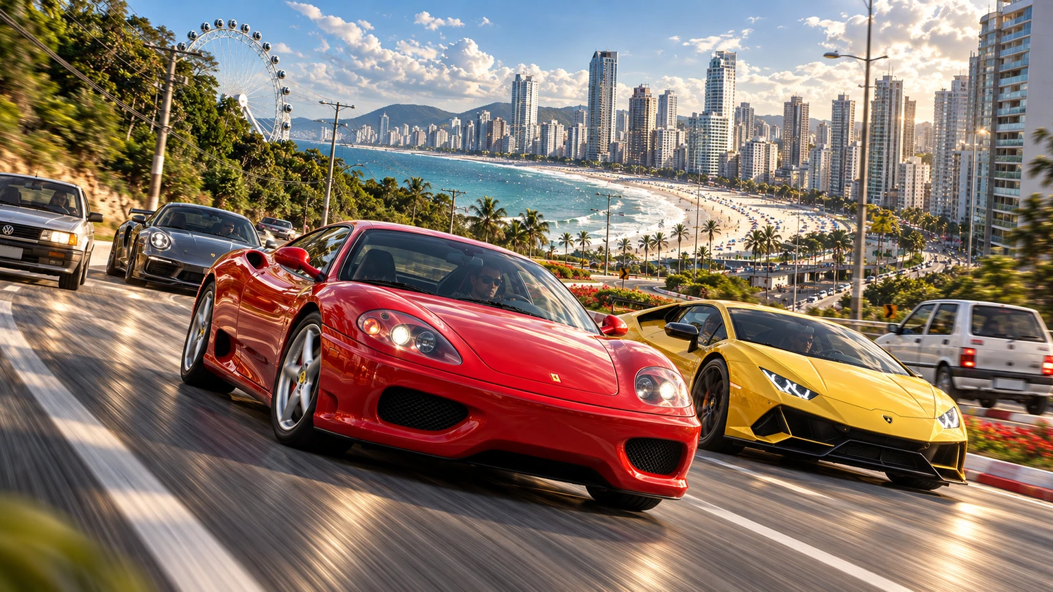 Ferrari, Porsche e Lamborghini na curva com vista para Balneário Camboriú