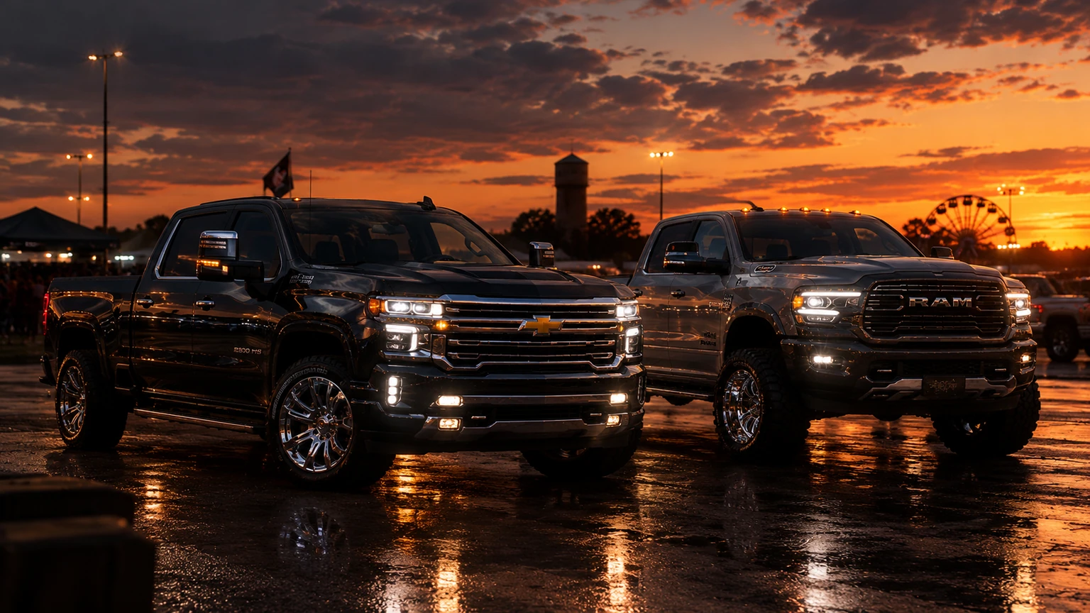 Chevrolet Silverado e Ram em um encontro de picapes ao pôr do sol